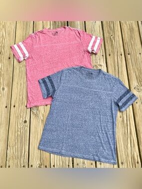 2 Mens L THE RAW UNCUT Solid Red Blue Knit Team Jersey Arm Stripe Tshirt Tops